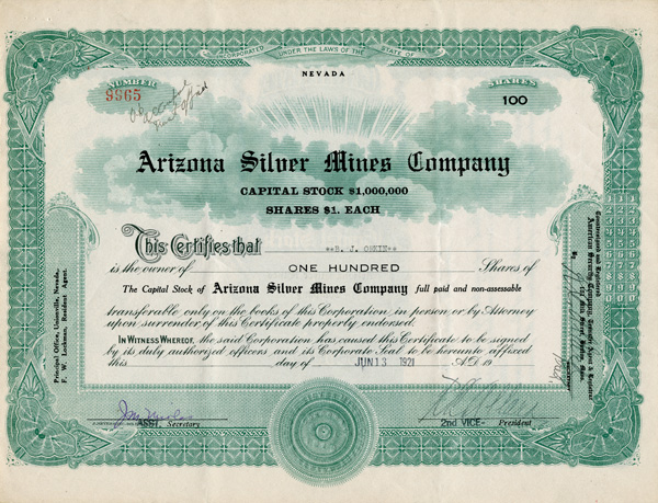 Arizona Silver Mines Co. - Stock Certificate